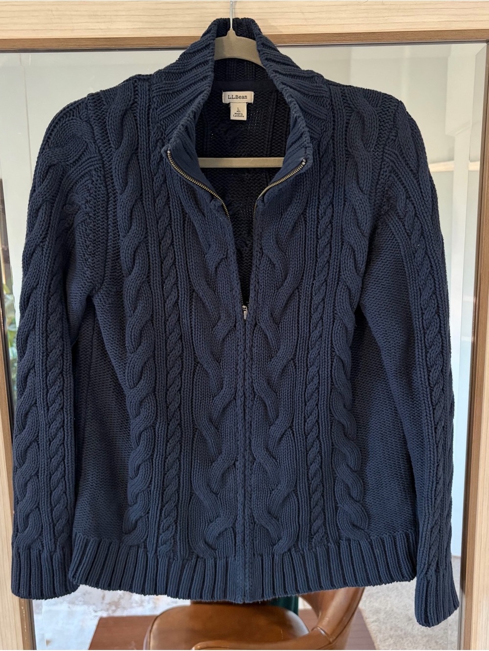L.L. Bean Cardigan Sweater Womens Large Navy Blue Full Zip Cable Knit Fisherman